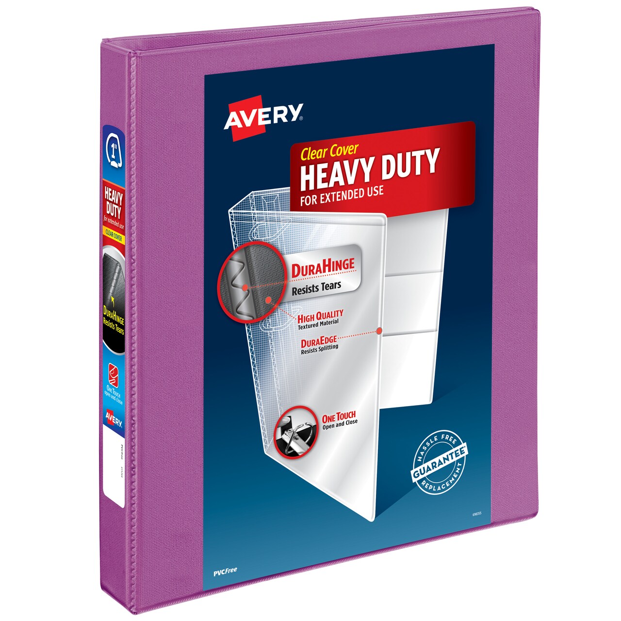 Avery Heavy-Duty View 3 Ring Binder, 1 Inch One Touch Slant Rings, 250-Sheet Capacity, DuraHinge, 1.4 Inch Wide Spine, Customizable Clear Cover and Spine, 1 Orchid Purple Binder (79272)